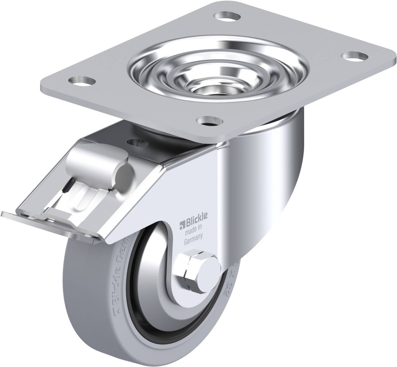 Metallene Lenkrolle mit grauer Gummibereifung und Halteplatte.