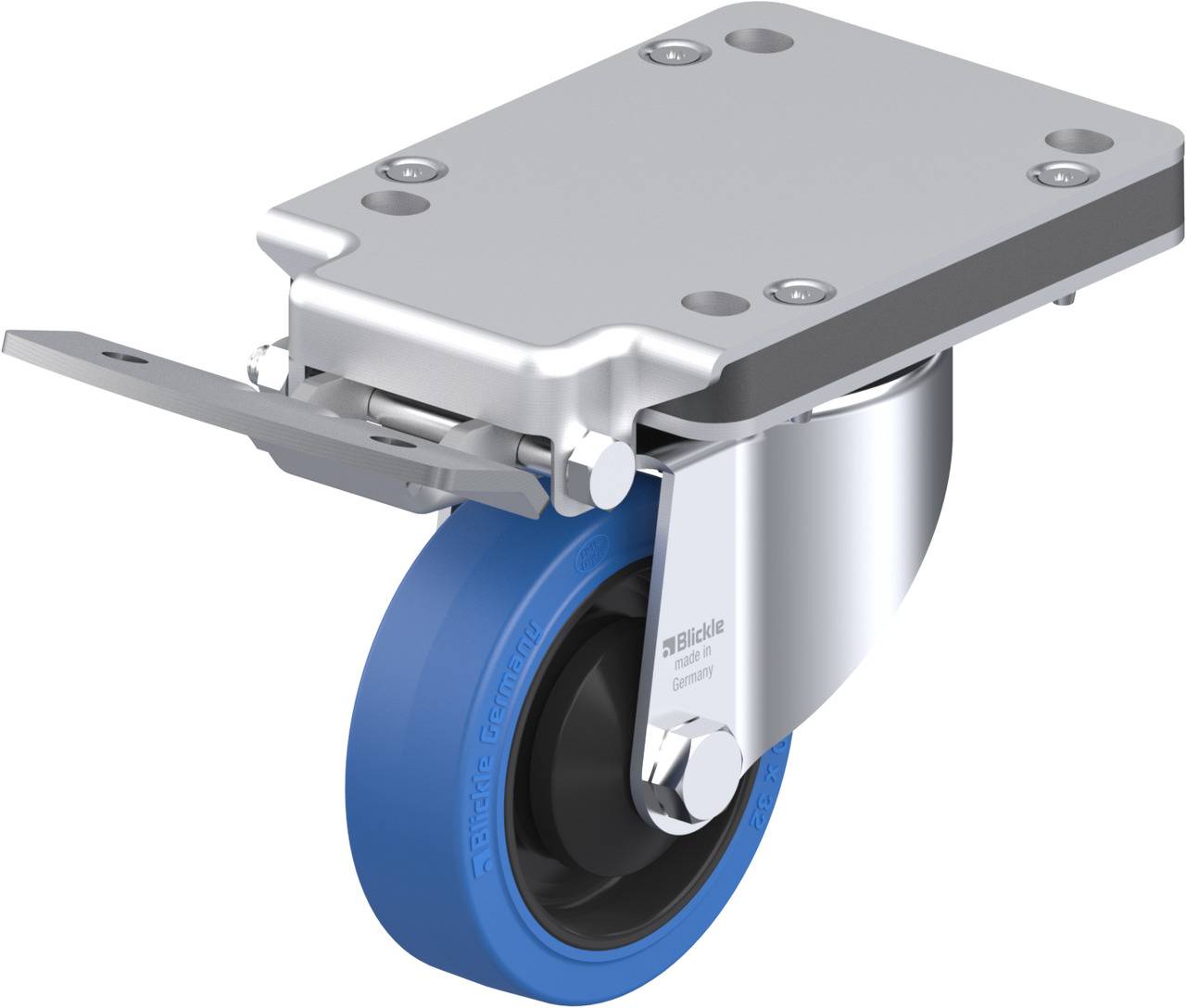 Grauer Lenkrolle mit blauer Gummibereifung und integrierter Bremse, oft für Transportwagen oder Möbel verwendet.