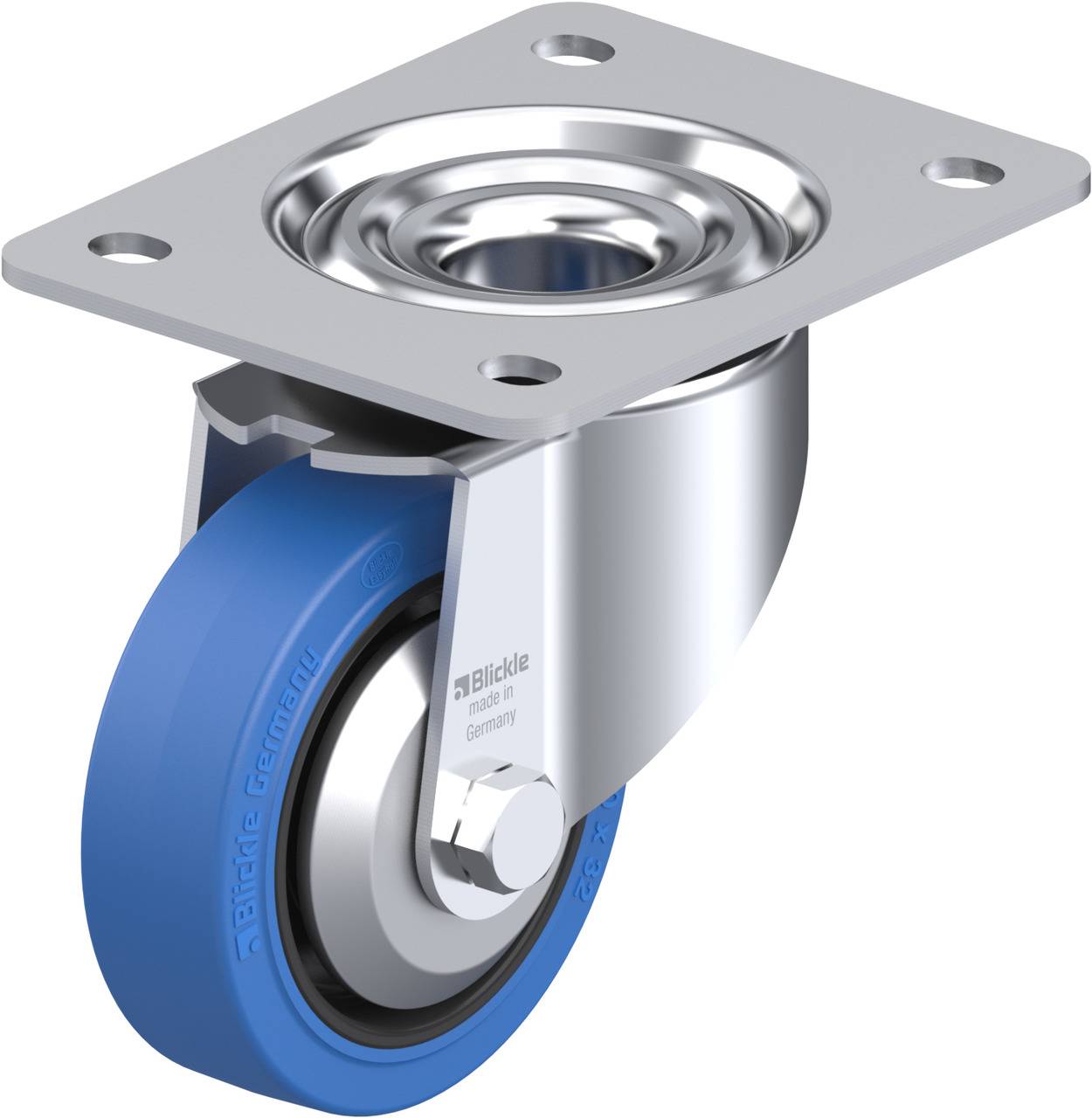 Ein blaues Lenkrolle-Rad mit Metallhalterung, geeignet für Möbel oder Transportgeräte, zeigt die Aufschrift 'Blickle' an der Seite.