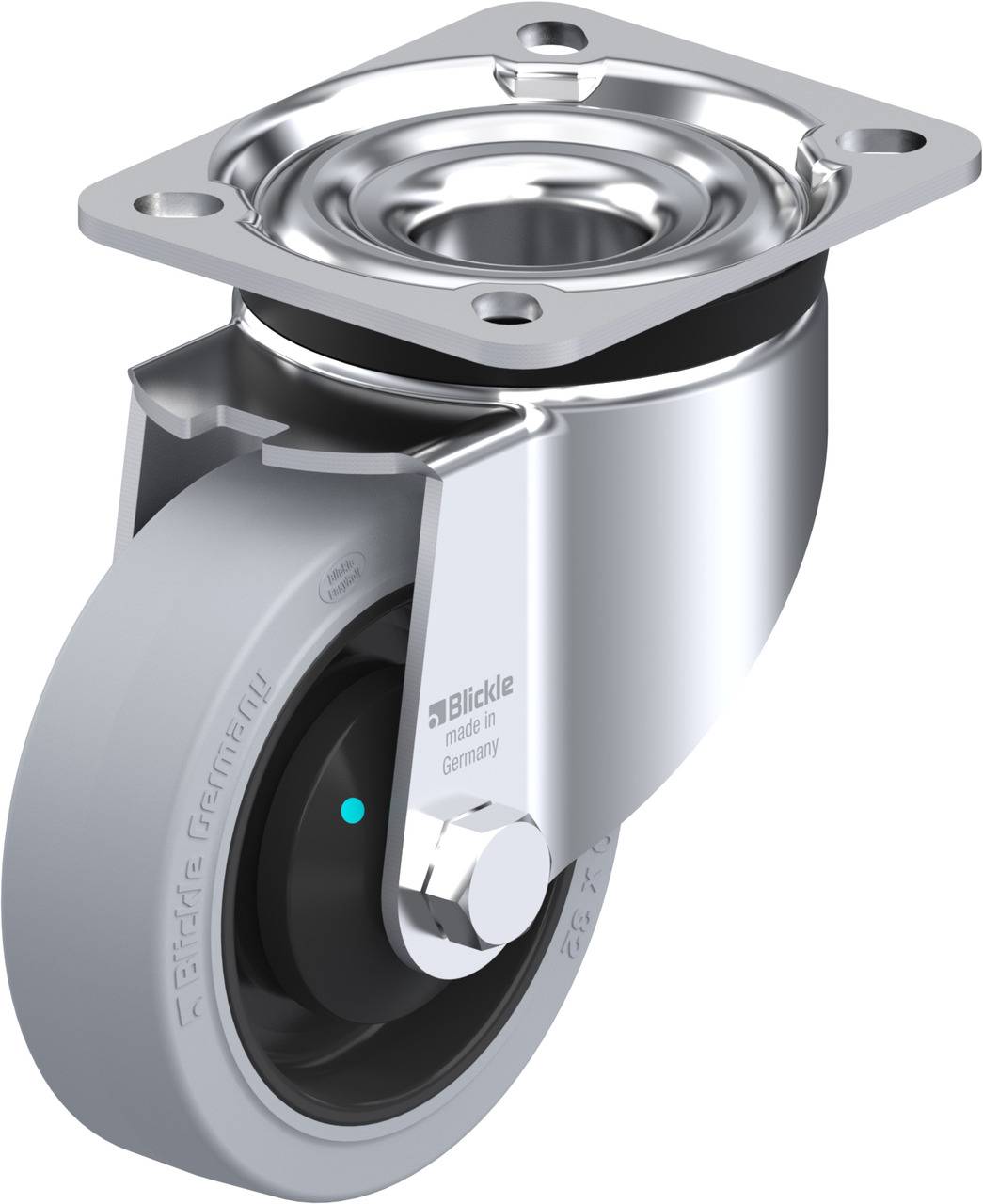 Industrie-Schwenkrolle mit grauem Rad und Metallgehäuse, geeignet für den Einsatz in Möbeln oder Maschinen. Herstellung 'Made in Germany'.