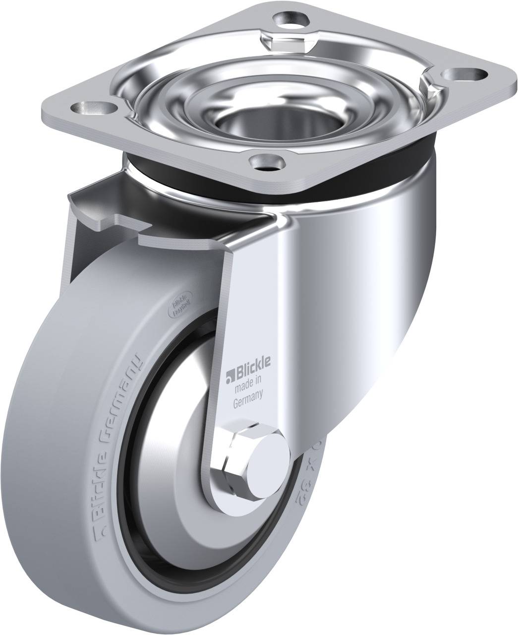 Graues Lenkrolle mit Metallgehäuse und Befestigungsplatte. Aufschrift 'Blickle made in Germany' auf der Rolle sichtbar.