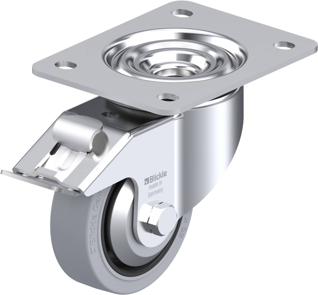 Metallisches Schwenk-Rollenrad mit Befestigungsplatte, geeignet für Möbel oder industrielle Ausrüstung.