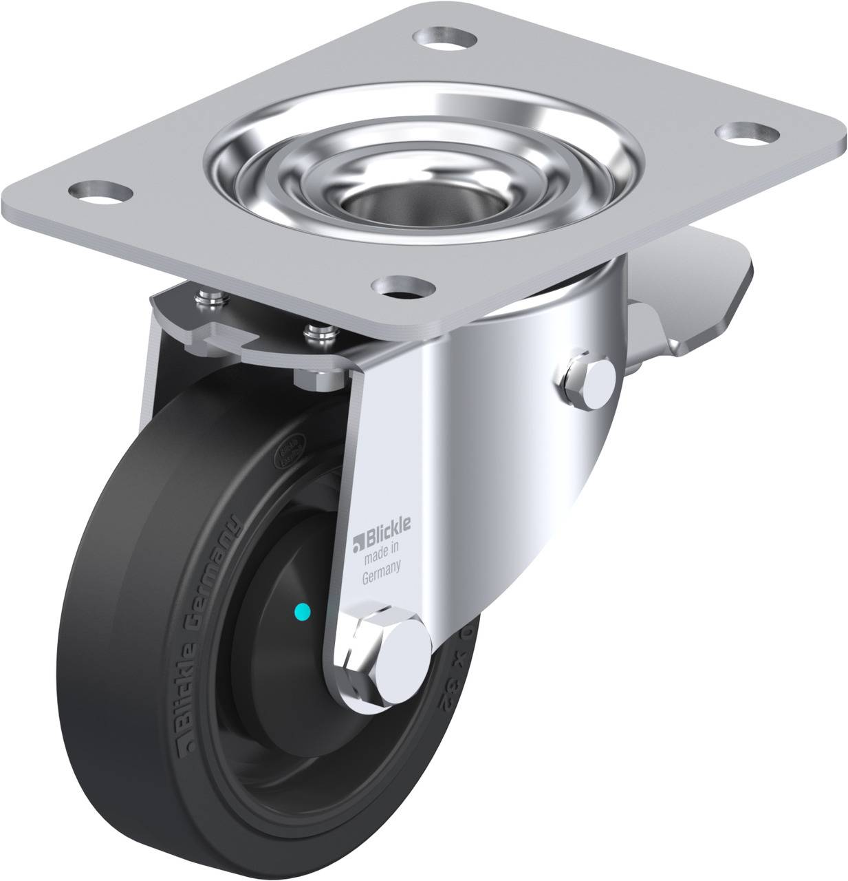 Schwenkrolle mit schwarzem Rad und silberdem Gehäuse, geeignet für Möbel oder Industrieanwendungen, zeigt obere Montageplatte.