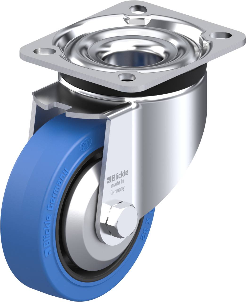 Schwenkrolle mit blauer Gummibereifung und silbernem Metallgehäuse, geeignet für industrielle Anwendungen, von Blickle.