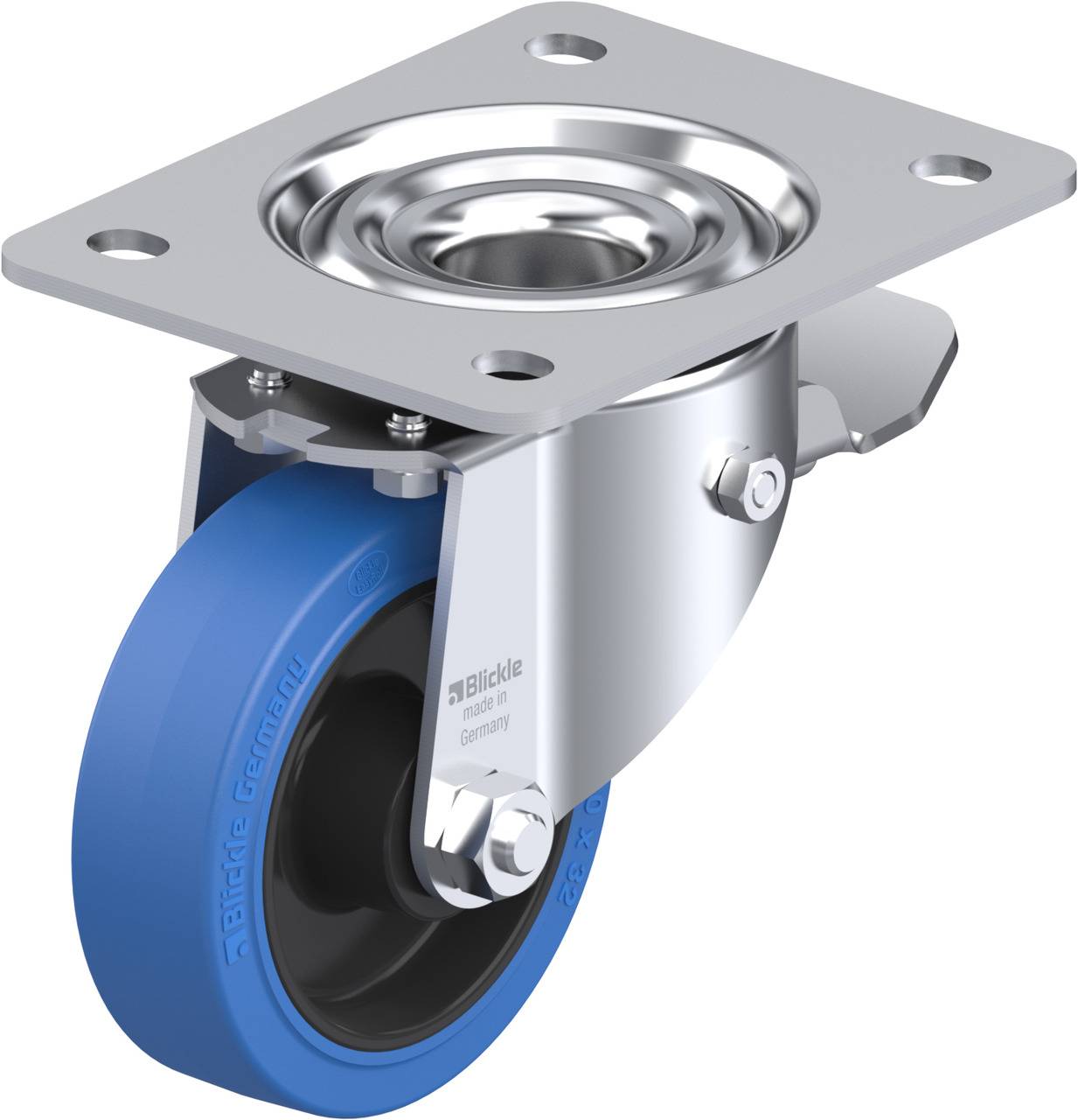 Ein schwenkbares Transportgerät mit blauem Rad und Metallplatte, geeignet für industrielle Anwendungen.