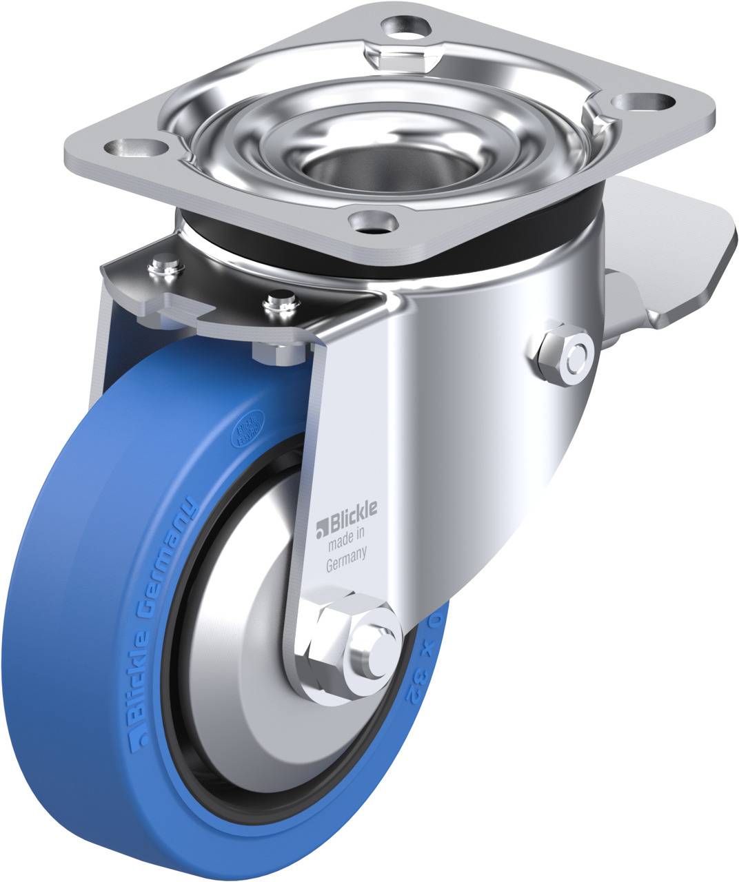 Metallrolle mit blauer Gummilauffläche und Montageplatte oben, geeignet für Möbel oder Industrieausrüstung.