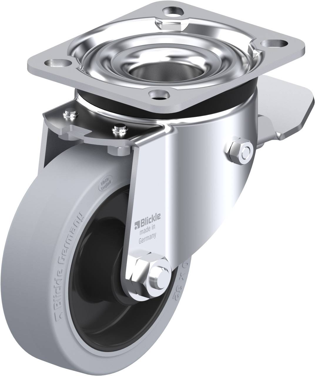 Schwenkrolle aus Metall mit grauem Gummirad, geeignet für industrielle Anwendungen.