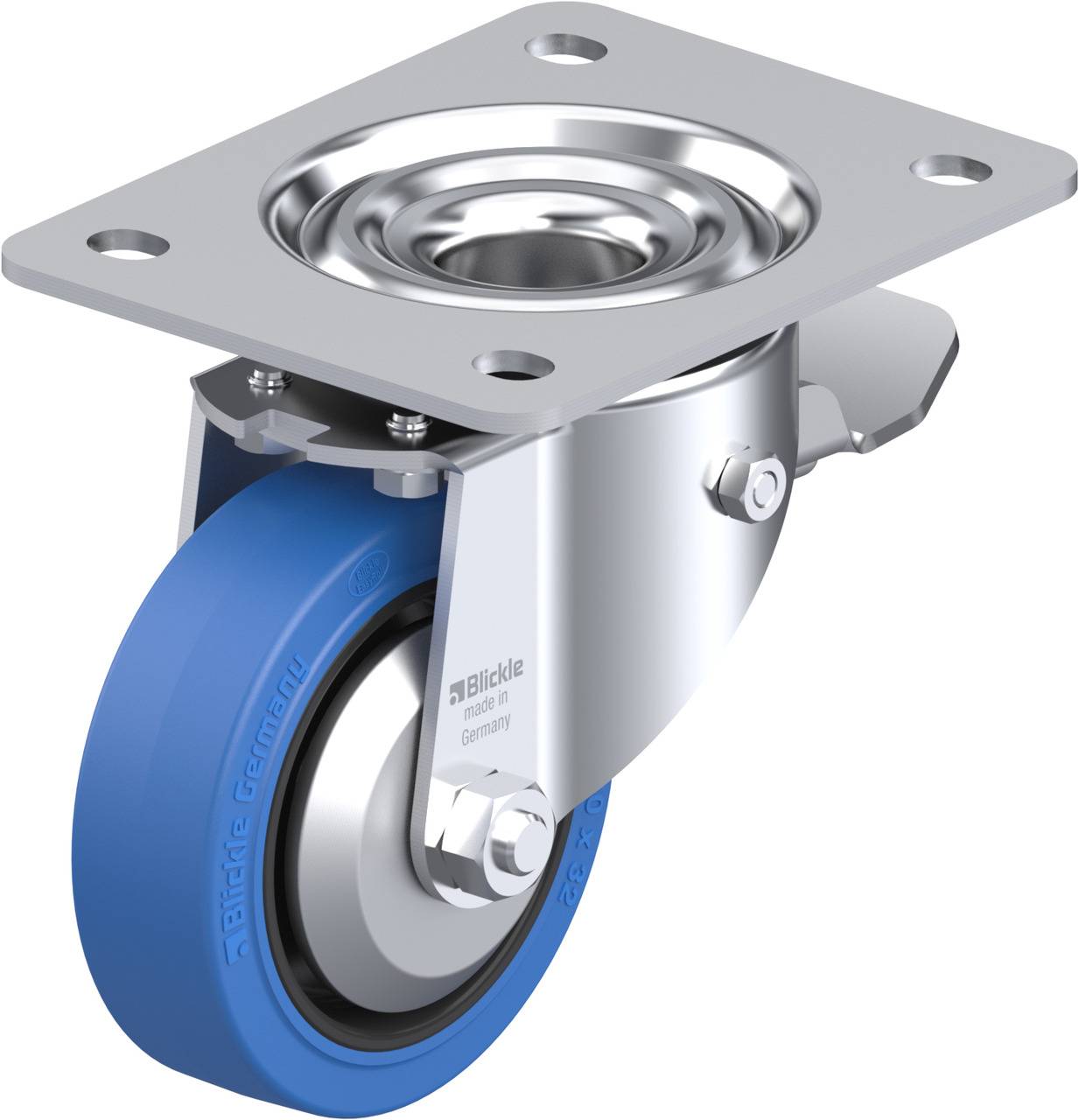 Rolle mit blauem Rad und Metallbefestigung, geeignet für den Einsatz an Möbeln oder Transportgeräten für erhöhte Mobilität.