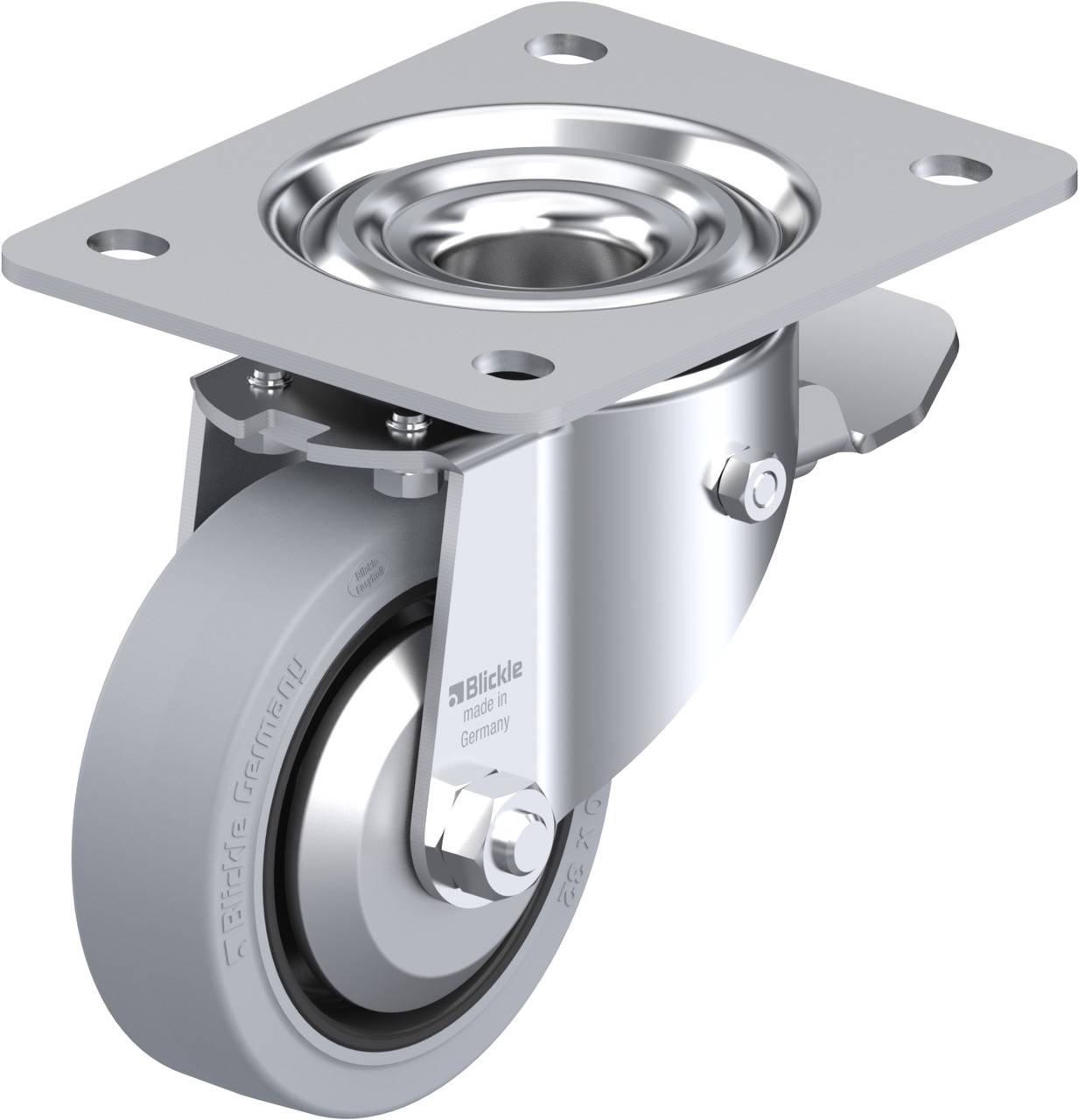 Schwenkrolle aus Metall mit grauem Rad, befestigt an einer rechteckigen Montageplatte, geeignet für Industriegeräte oder Möbel.