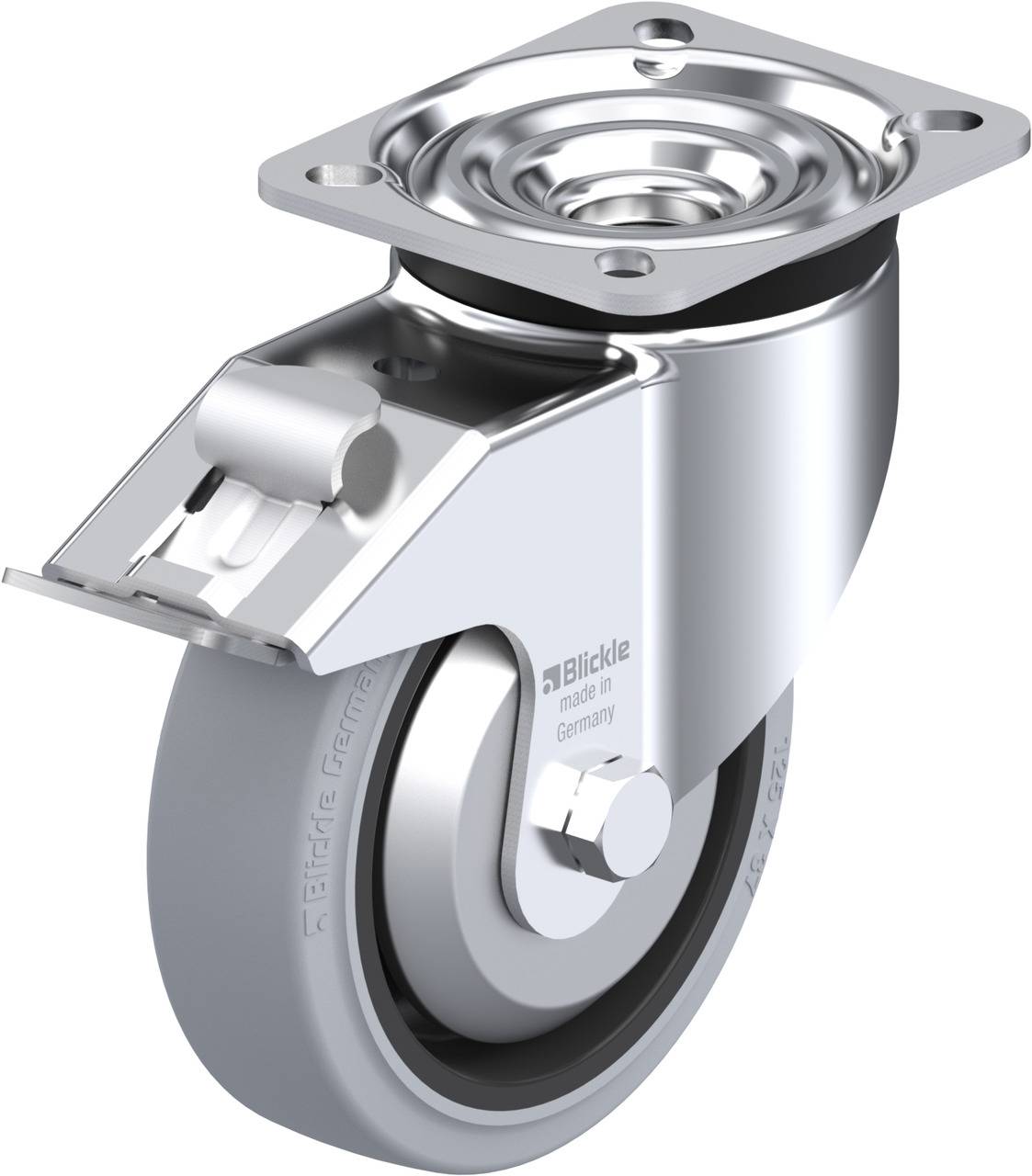 Industrie-Stahlrolle mit grauem Gummirad und Metallsockel für Befestigung. Geeignet für Transportgeräte und Maschinen.