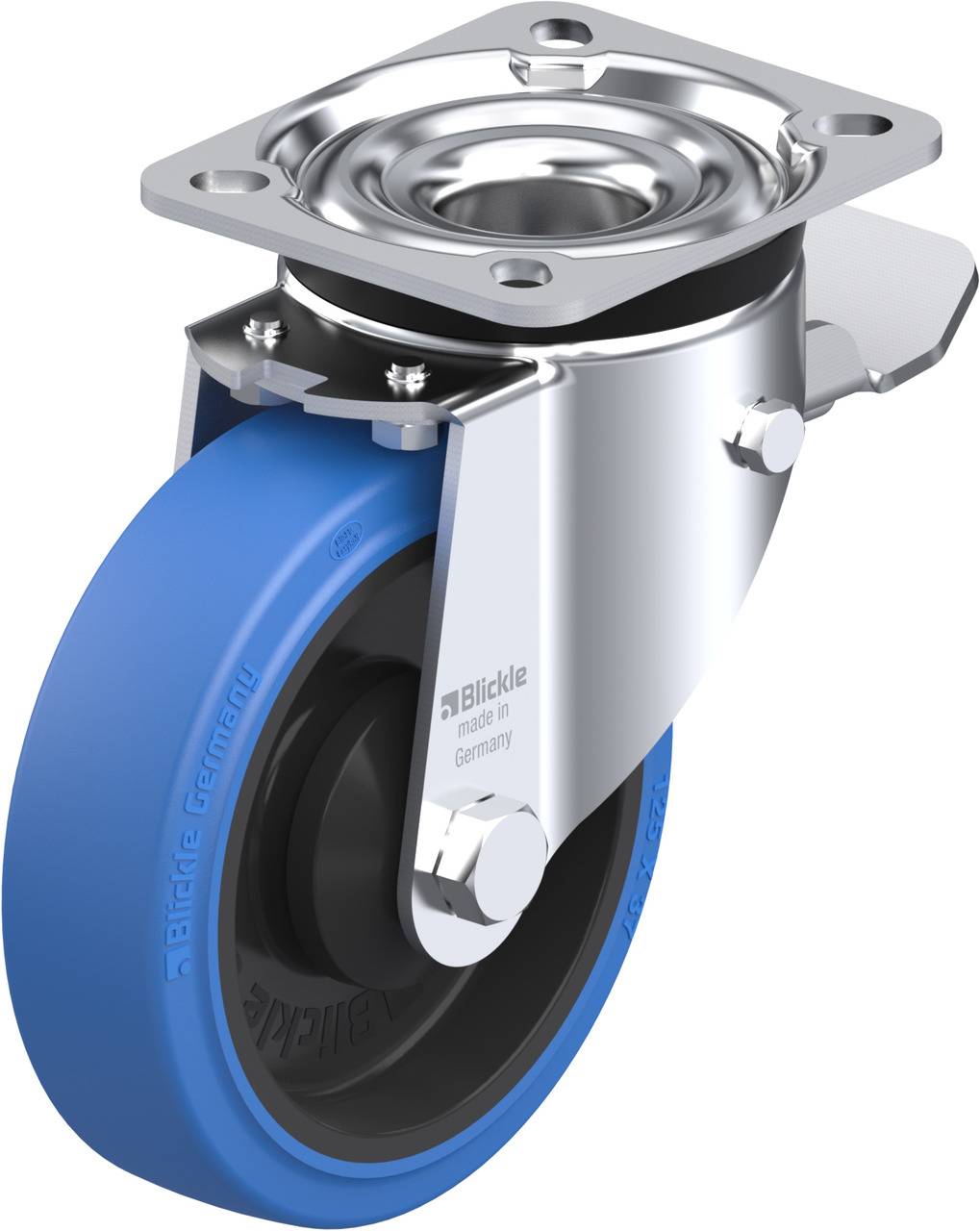 Ein blauer Roll-Lenkrolle aus Metall und Gummi, mit Gravur 'Blickle made in Germany', dargestellt auf einem weißen Hintergrund.