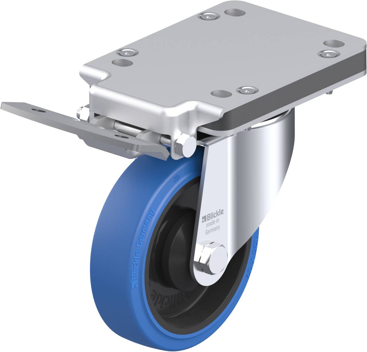 Eine blaue Lenkrolle mit Metallgehäuse und einer Befestigungsplatte, geeignet für Transportwagen oder Möbel.