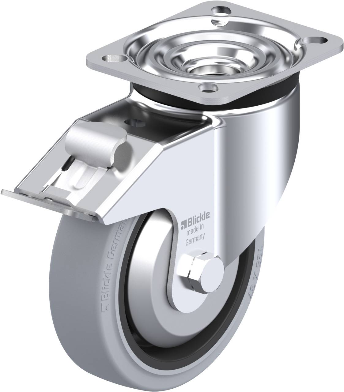 Industrie-Lenkrolle aus Metall, grau, mit einer drehbaren Halterung und Bremse. Geeignet für Möbel oder Transportwagen.