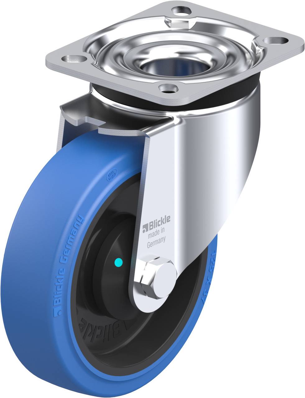 Blaues Lenkrolle mit Metallhalterung, geeignet für Transportwagen. Drehmechanismus sichtbar. Robust und für industrielle Anwendungen.