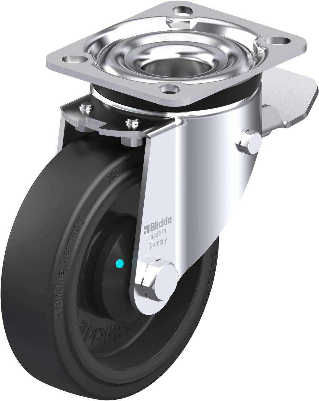 Drehbares Rollenlager mit einem schwarzen Rad und einer silbernen Metallhalterung, geeignet für Möbel oder Transportgeräte.