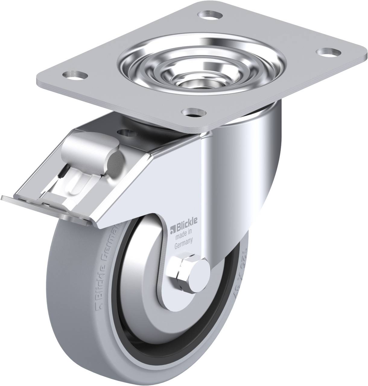 Industrie-Lenkrolle aus Metall mit grauem Rad, Befestigungsplatte und Kugellager für den Transport schwerer Lasten.