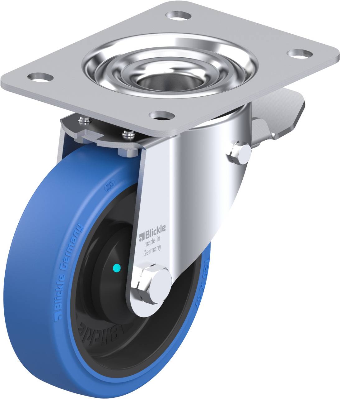 Schwenkrolle mit blauer Gummibereifung und Metallplattenbefestigung, geeignet für Transportgeräte. Markenname 'Blickle' auf dem Gehäuse.
