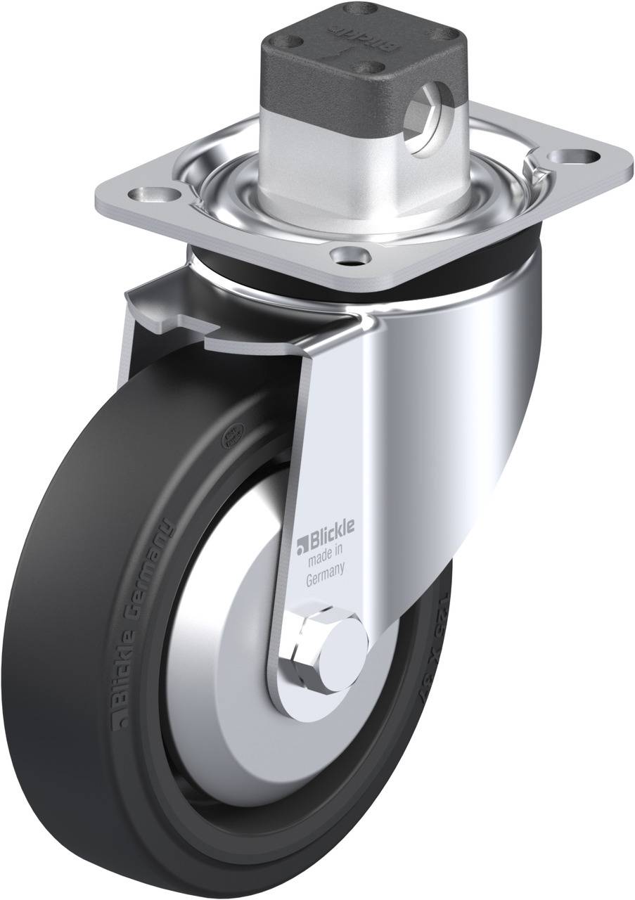 Drehschemel-Rolle mit schwarzem Gummi-Rad und silbernem Metallgehäuse, geeignet für Möbel oder Industrieausrüstung.