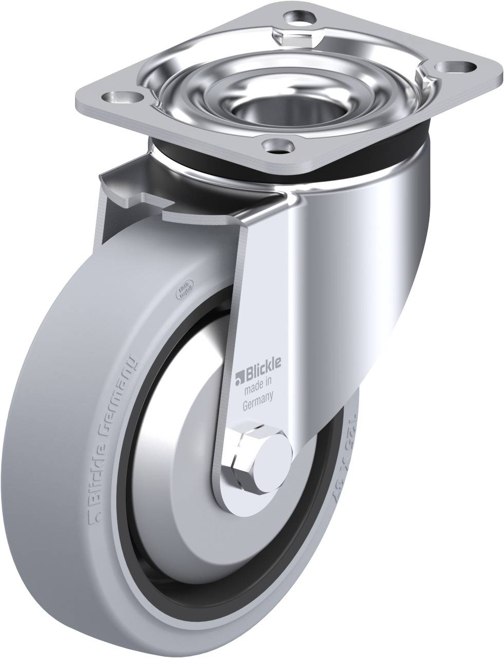 Grauer Lenkrolle aus Metall mit flacher Montageplatte für Möbel oder Geräte. Elegant und funktional, geeignet für industrielle Anwendungen.