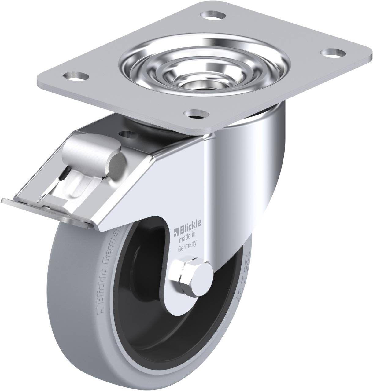 Metallrolle mit Drehgelenk und rechteckiger Montageplatte, geeignet für Möbel oder Geräte.