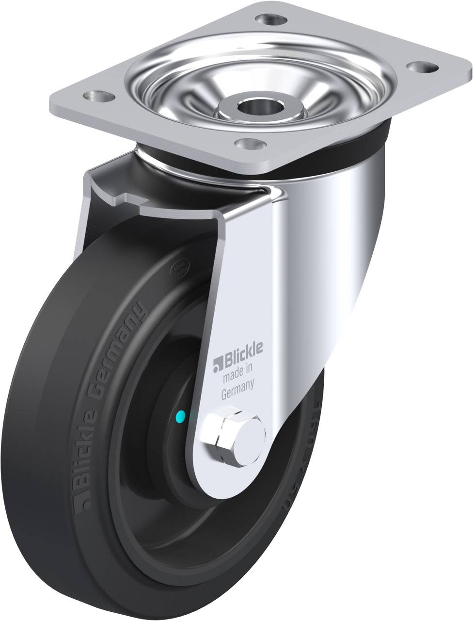 Schwenkrolle mit schwarzem Rad und silberfarbenem Gehäuse, Aufschrift 'made in Germany' erkennbar. Geeignet für Möbel oder Geräte.