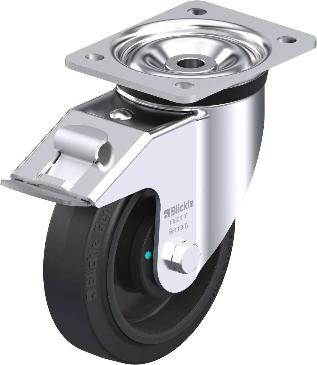 Metallrolle mit Bremse, schwarzem Rad und Befestigungsplatte. Beschriftung 'Blickle made in Germany'. Geeignet für Möbel oder Geräte.
