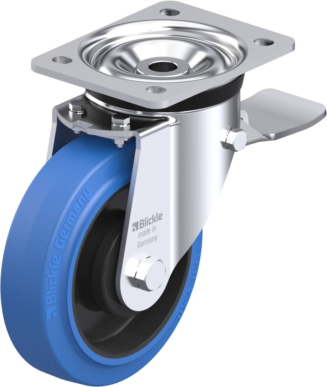Metallisches Drehgelenk-Rad mit blauer Gummibereifung, Flanschplatte zur Befestigung, gebremst.