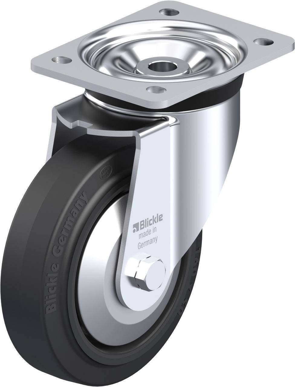 Metallrolle mit schwarzem Gummirad und montierter Platte zur Befestigung. Geeignet für Möbel oder Transportgeräte.