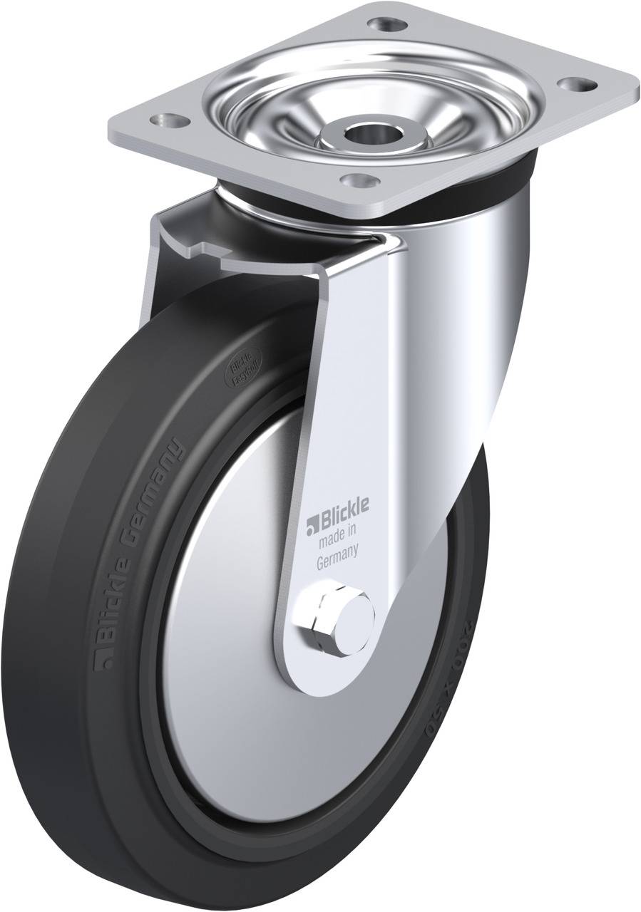 Schwenkrolle mit Metallgehäuse und schwarzem Gummirad.