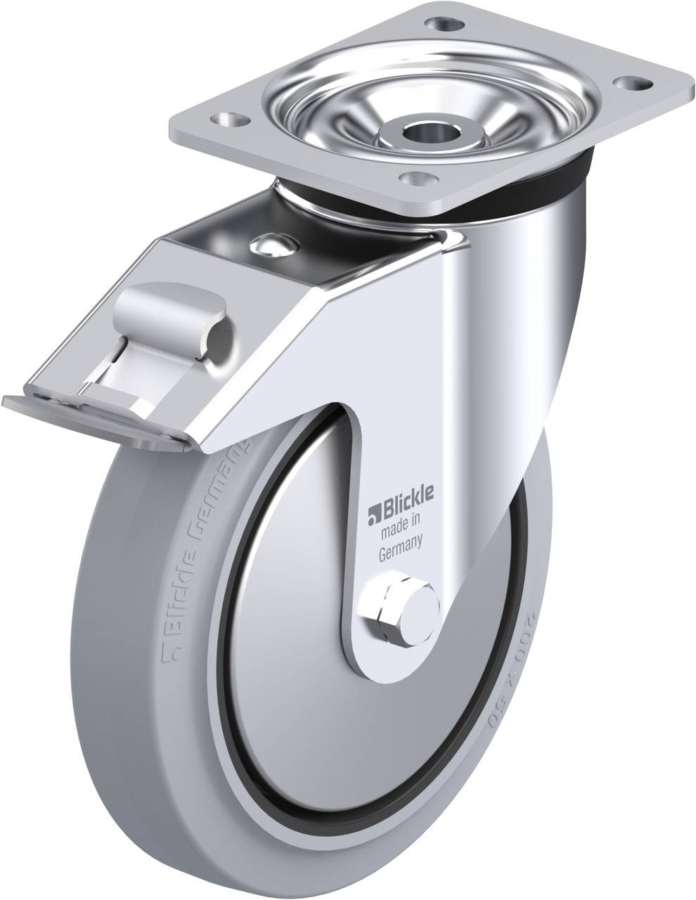 Industrie-Lenkrolle aus Metall mit grauem Rad. Beschriftung 'Blickle made in Germany' sichtbar auf der Radfläche.