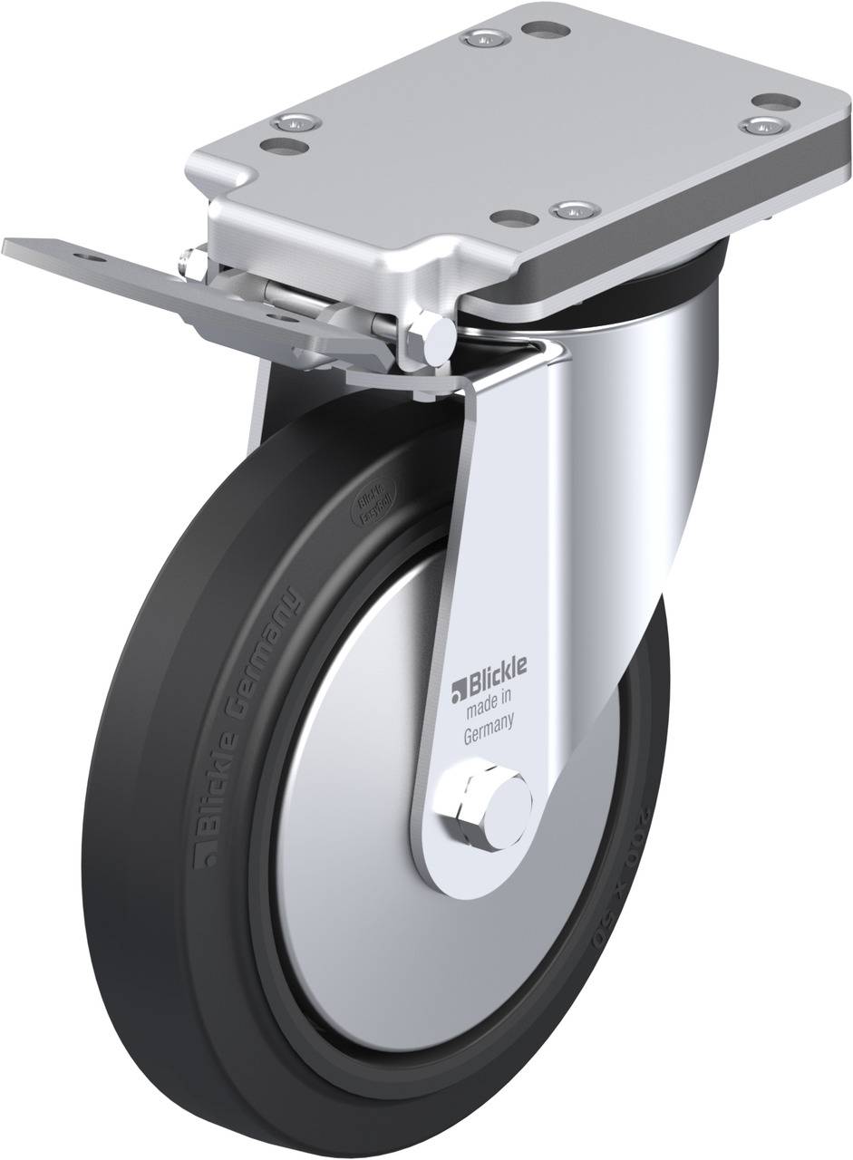 Ein schwenkbares Rad mit grauem Reifen und silbernem Gehäuse, geeignet für industrielle Anwendungen.