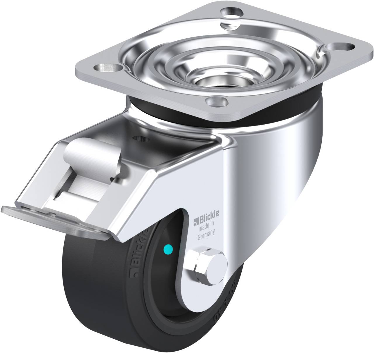 Rollenrad aus Metall mit schwarzem Gummireifen, montiert auf rechteckiger Metallplatte, geeignet für Möbel oder Geräte.