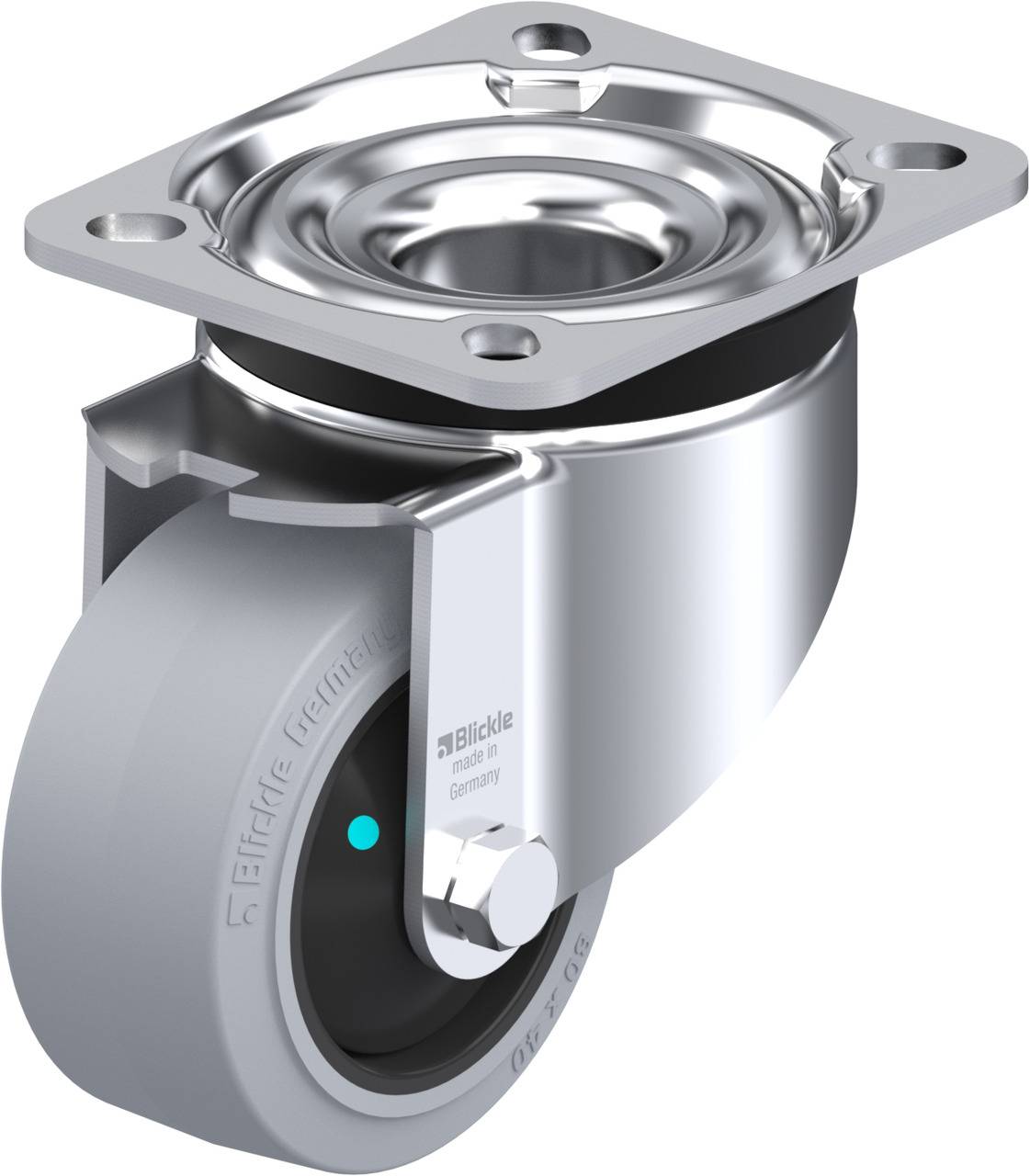 Ein drehbares Rollenrad aus Metall mit grauem Reifen, montiert auf einer Befestigungsplatte. Geeignet für Möbel oder Geräte.