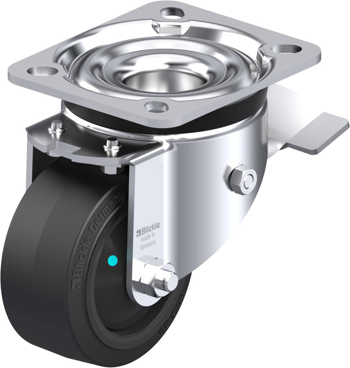 Schwenkrolle mit Gehäuse aus Metall und schwarzem Rad; robustes Design für industrielle Anwendungen.