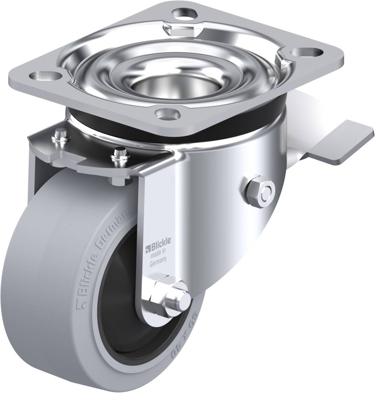 Lenkrolle mit grauem Rad und silbernem Gehäuse, drehbar befestigt. Geeignet für Industriegeräte oder Möbel, bietet Beweglichkeit.