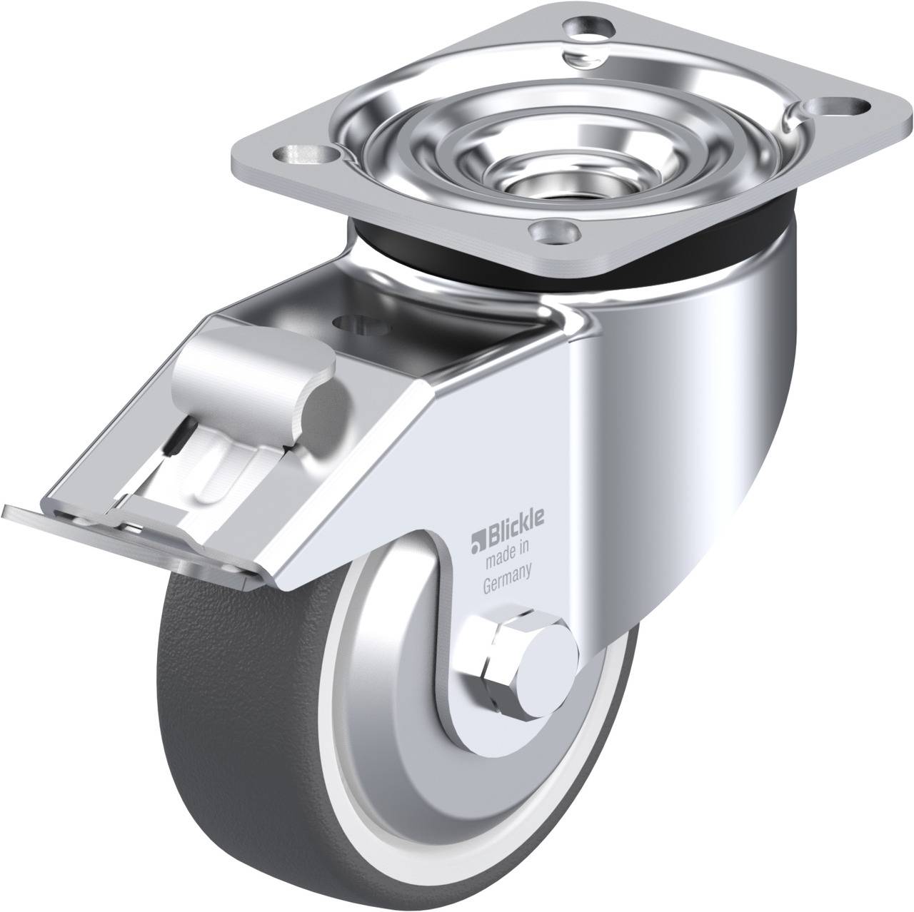 Schwenkrolle mit grauem Rad und silbernem Gehäuse. Rolle ist aus Metall gefertigt und trägt den Aufdruck 'Blickle made in Germany'.