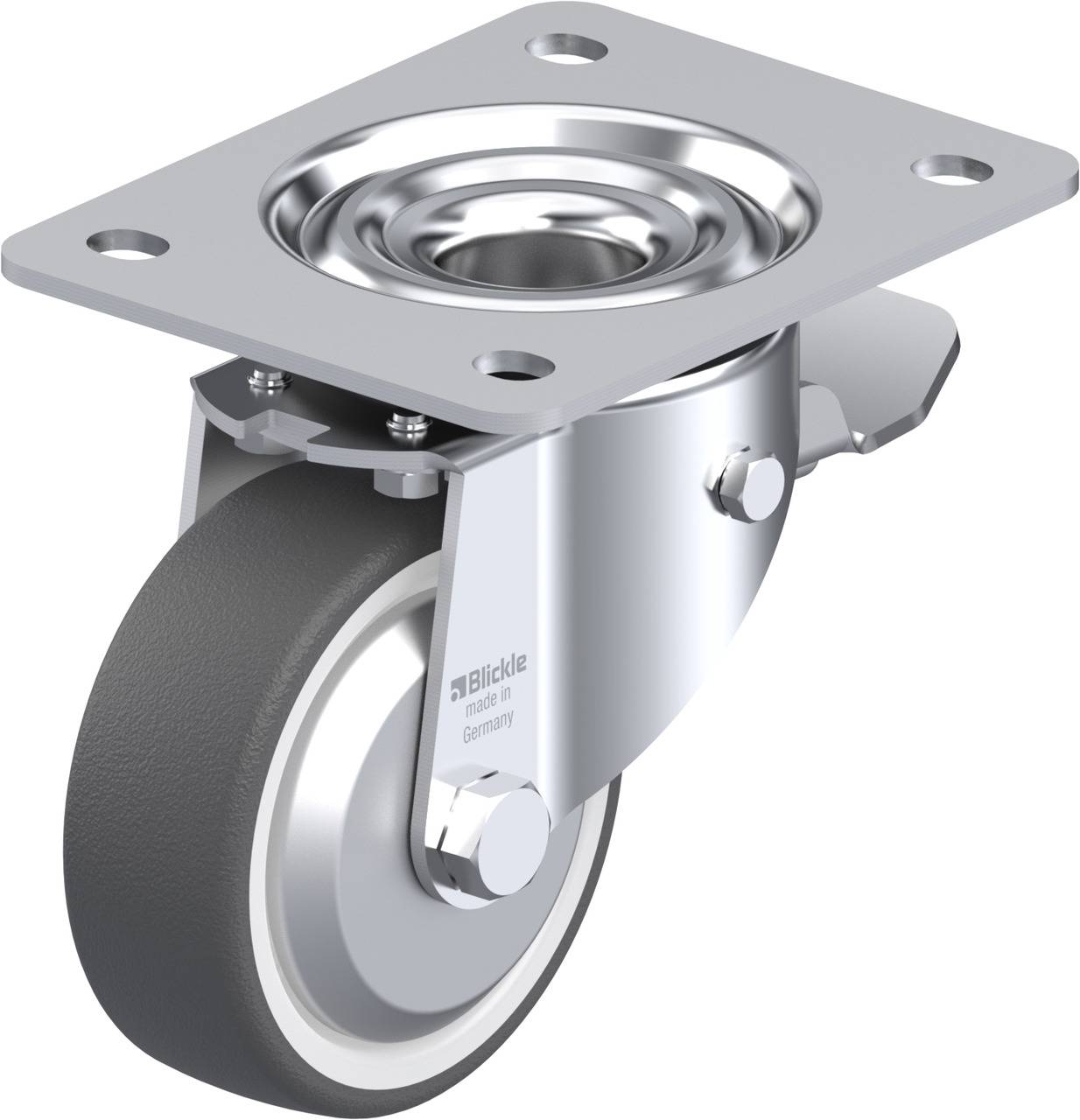Ein silbernes Schwenkrollenrad mit grauer Lauffläche und Befestigungsplatte. Geeignet für den Einsatz an Möbeln oder Transportwagen.