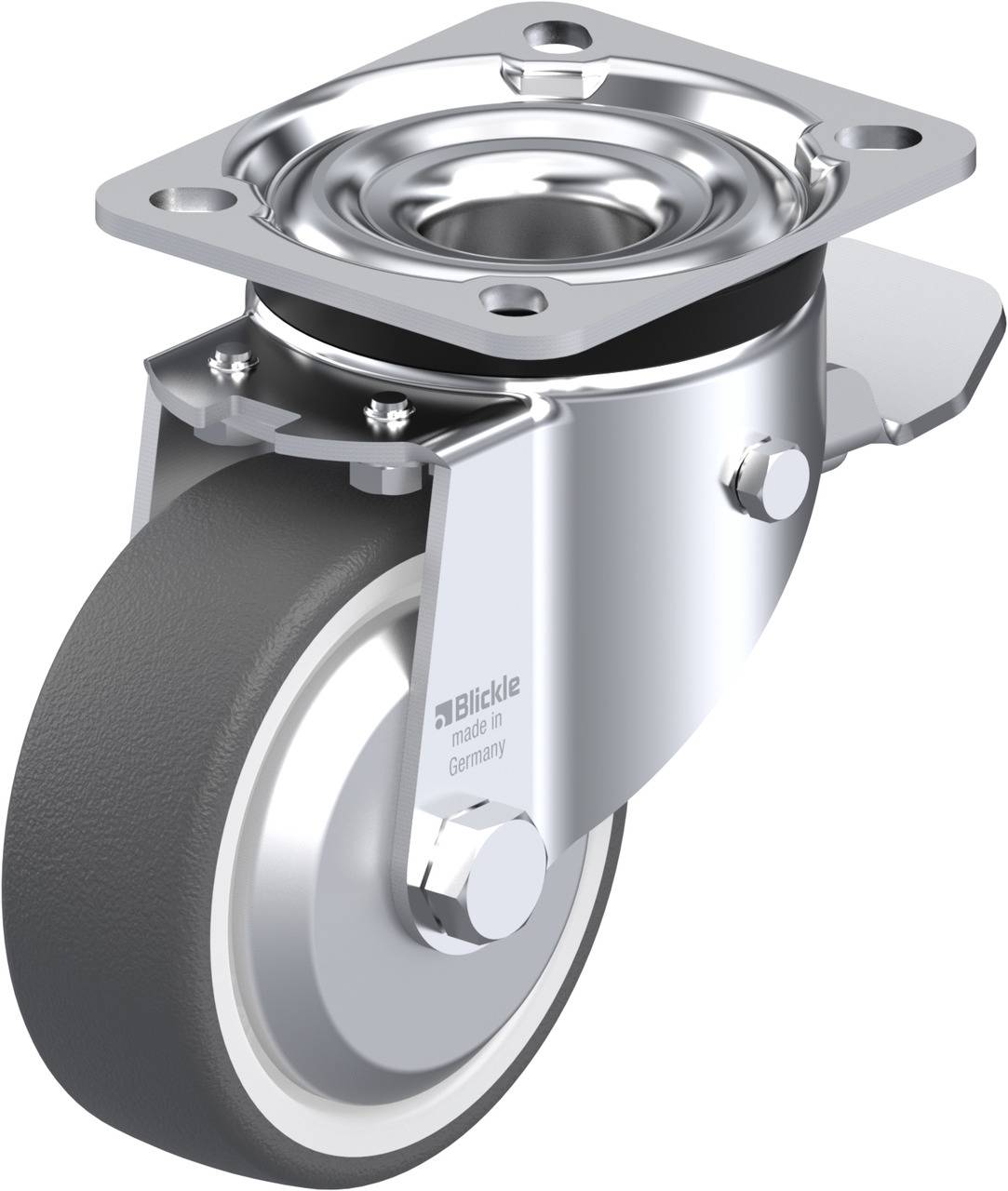 Metallisches Lenkrollengehäuse mit grauem Rad, für den industriellen Einsatz. Beschriftet mit 'Blickle made in Germany'.