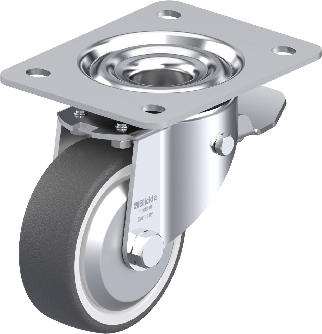 Ein schwenkbares Rollenrad mit grauem Gummi, silbernem Metallhalter und rechteckiger Befestigungsplatte, für Möbel oder Industriebedarf.