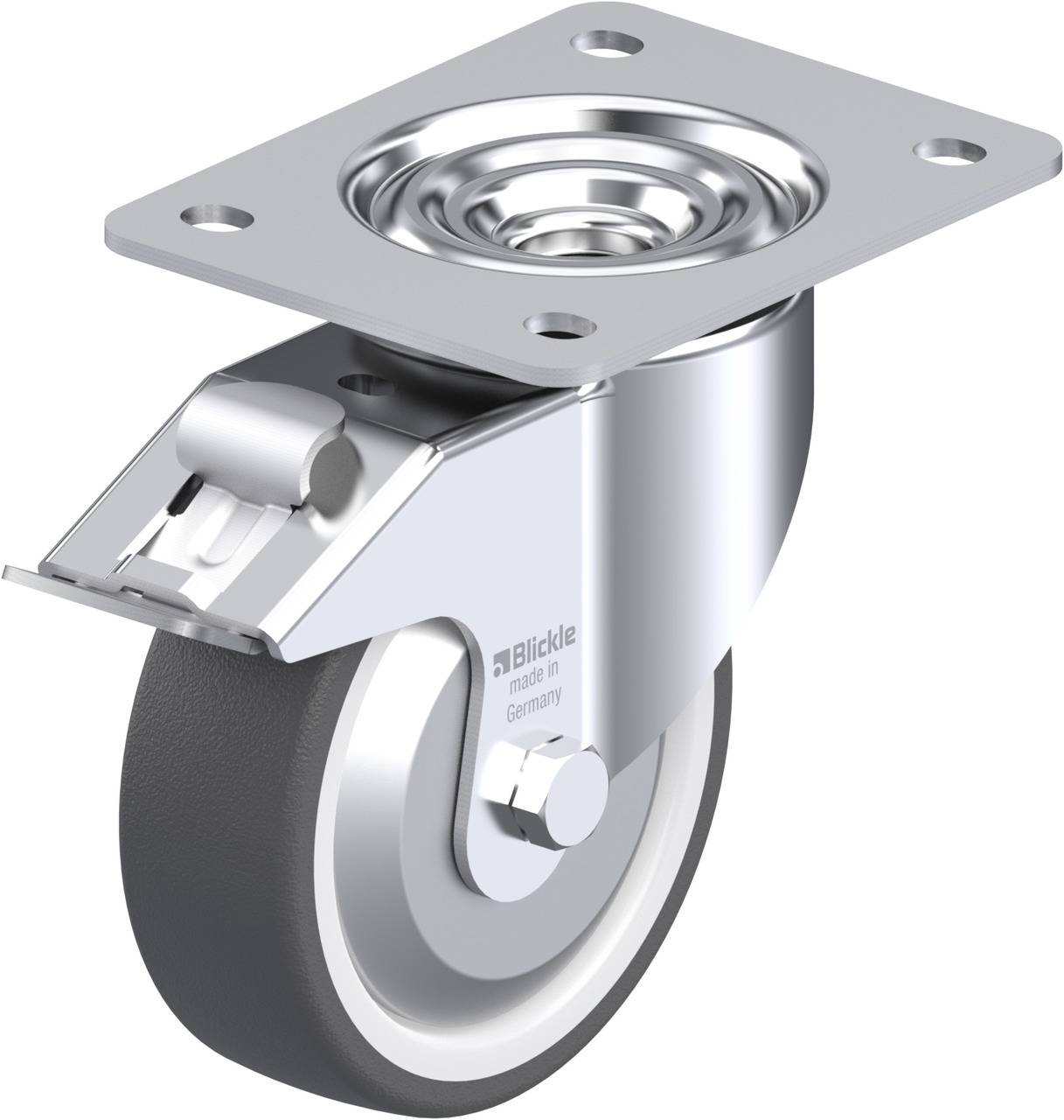 Stahl-Lenkrolle mit Doppelgabel für schwere Lasten, dunkelgraues Rad mit Gummibandage und Edelstahlgehäuse, Befestigungsplatte oben.