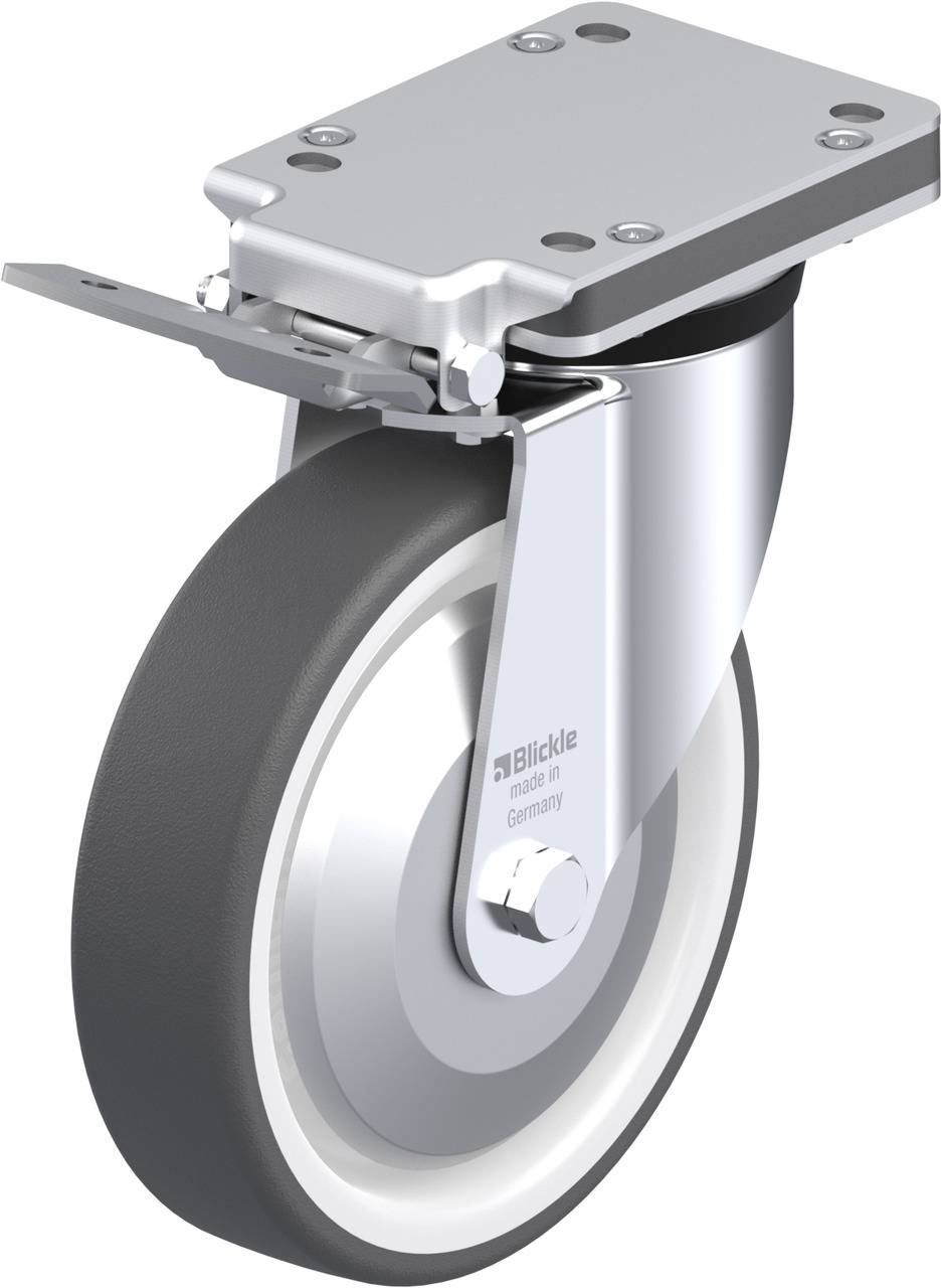 Schwenkrolle mit grauem Rad, silbernem Gehäuse und Befestigungsplatte, hergestellt von Blickle in Deutschland. Geeignet für Transportgeräte.