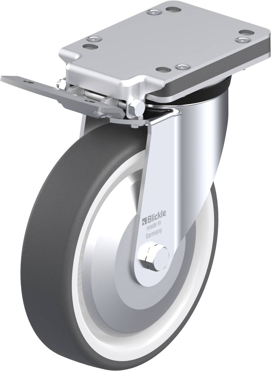 Lenkrolle mit grauem Rad und Metalleinfassung. Geeignet für industrielle Anwendungen, glänzende Metallhalterung, robuste Bauweise.
