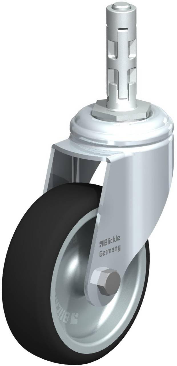 Schwenkrolle mit schwarzem Rad und silbernem Gehäuse, geeignet für Möbel oder Geräte auf harten Böden.