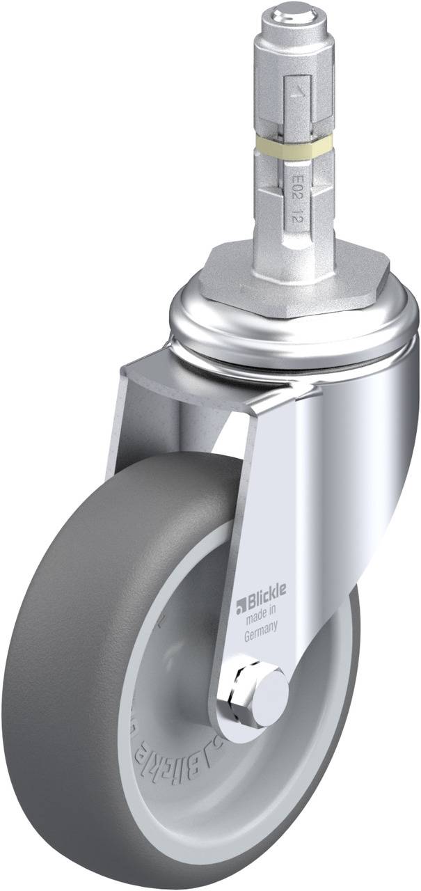 Drehbares Rad mit grauem Reifen, Metallgehäuse und Befestigungsstift, hergestellt von'Blickle' in Deutschland. Geeignet für Transportgeräte.