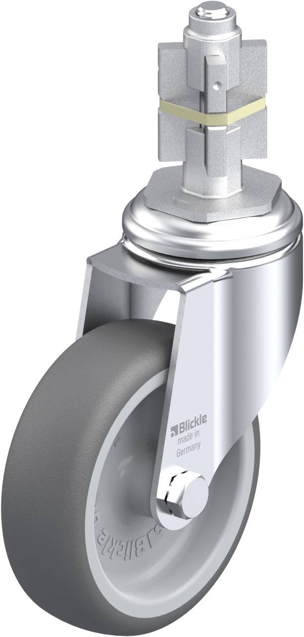 Lenkrolle mit grauem Rad, glänzendem Metallgehäuse und Drehmechanismus, von 'Blickle', hergestellt in Deutschland.