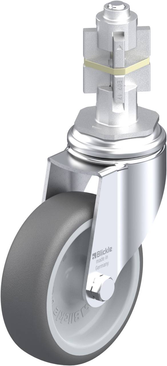 Lenkrolle aus Metall mit grauem Gummirad, geeignet für Möbel oder Industrieausrüstung. Stabil mit Drehgelenk für bewegliche Anwendungen.