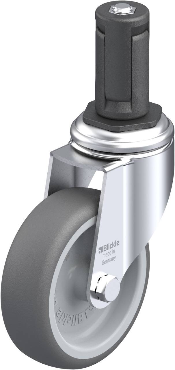 Graue Lenkrolle mit schwarzem Dorn, chromfarbenem Gehäuse und grauem Rad. Aufschrift: 'Blickle made in Germany'.