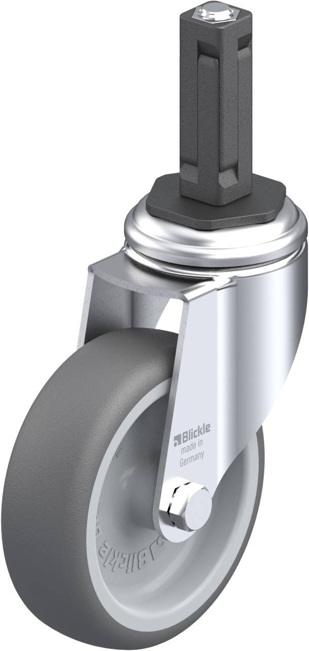 Grau-schwarzes Rad mit silbernem Metallgehäuse. Oben ein hexagonaler Metallstift zur Befestigung. Marke 'Blickle' in der Mitte.