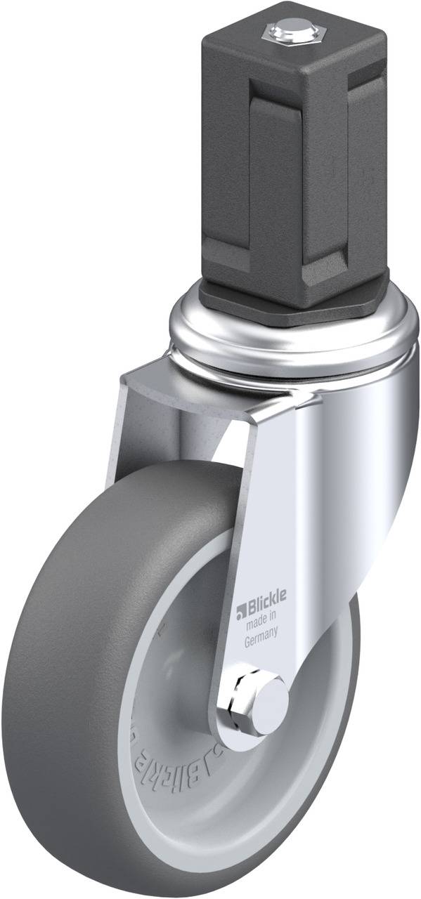 Industrie-Rollenrad von Blickle mit grauem Rad und silbernem Gehäuse, geeignet für Maschinen oder Möbel.