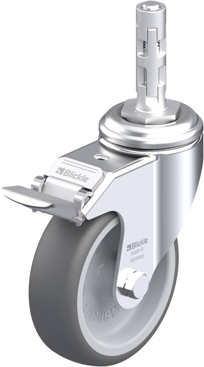 Metallrolle mit grauem Rad und Befestigungsstift, ideal für Möbel- oder Gerätebewegung. Markenname 'Blickle' sichtbar.